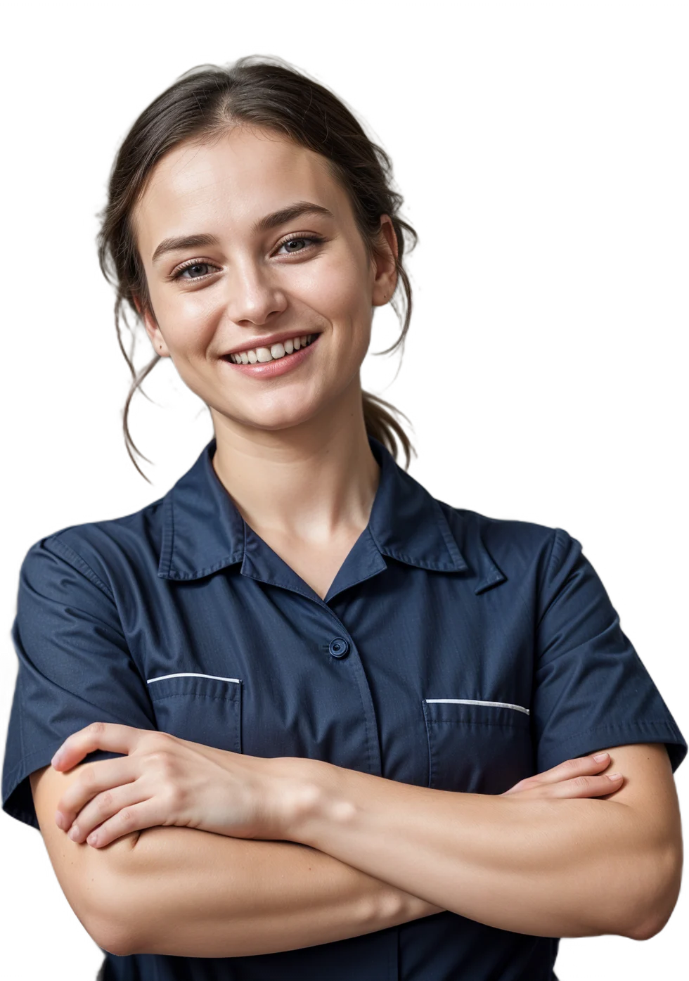 A woman with a professional cleaning outfit smiling